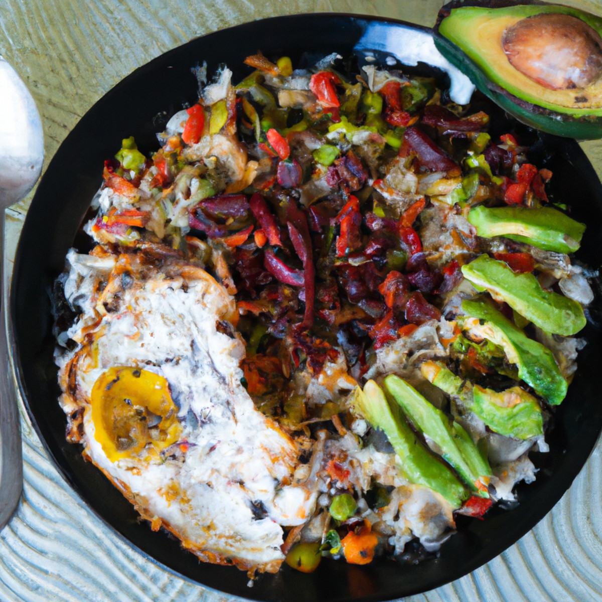 black beans and rice with fried egg and avocado