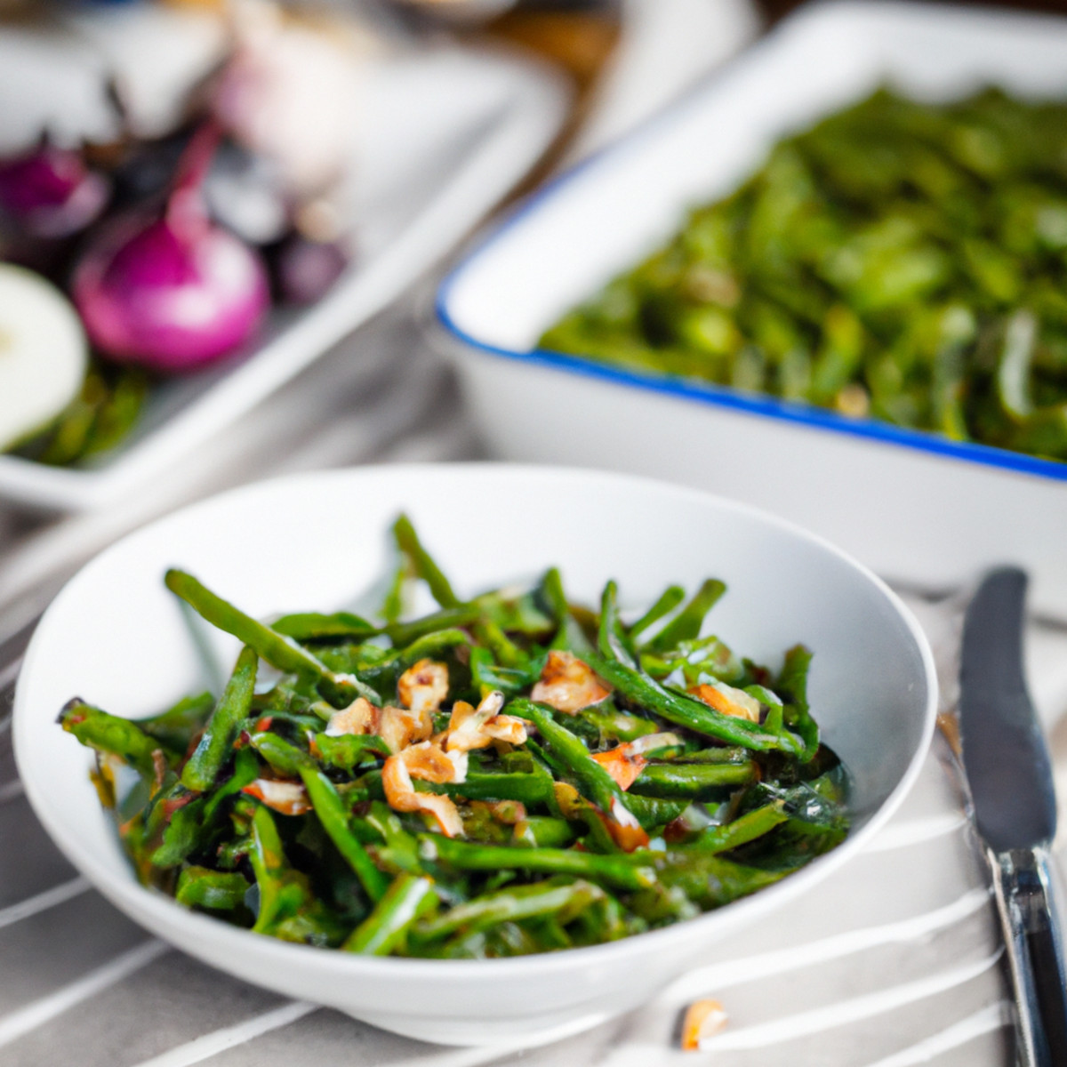 garlicky roasted green beans with shallots and nuts