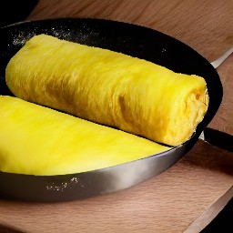 the omelette is placed on a board. the omelette is then rolled to get a rolled omelette.