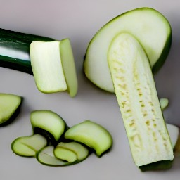 the zucchini is cut lengthwise into long, thin strips.