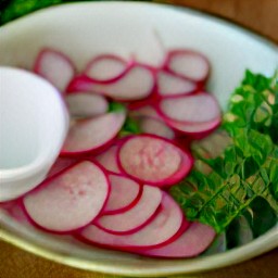a bowl of sliced radishes mixed with vinegar-oil dressing.