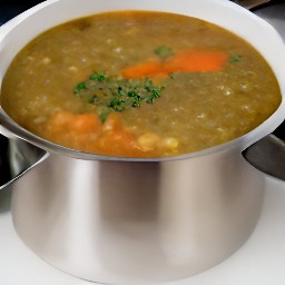 a pot of soup containing vegetable oil, onions, garlic, carrot, celery sticks, dried thyme, dried marjoram, black pepper, vegetable broth, water