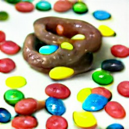 a chocolate pretzel with m&m's chocolate drizzled over it.