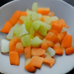 peeled onions and carrots, chopped celery sticks.