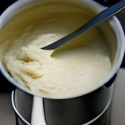 a bowl of couscous mixture that is mixed using a whisk and has the melted butter added to it. the bowl is then whisked for 2 minutes to create a batter.