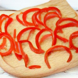 an onion that is peeled and sliced, and a bell pepper that is deseeded and sliced.