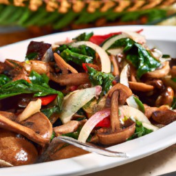 

This delicious mushroom and spinach salad is a perfect side dish for any European-style meal. It is light, soy-free, egg-free, nut-free and made of freshly cooked spinach, bell peppers, bread cubes and portabella mushrooms topped with cheese.