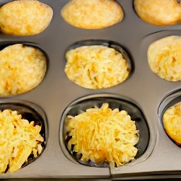 the muffin mixture is divided into the muffin tin and 0.4 oz of parmesan cheese is scattered over it.