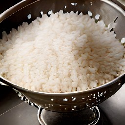 cooked white rice that has been drained in a colander.