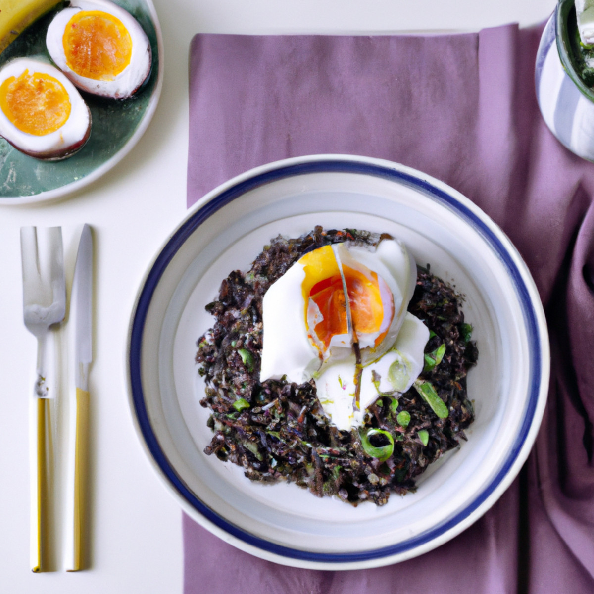 soft-boiled eggs with black rice and eggplants