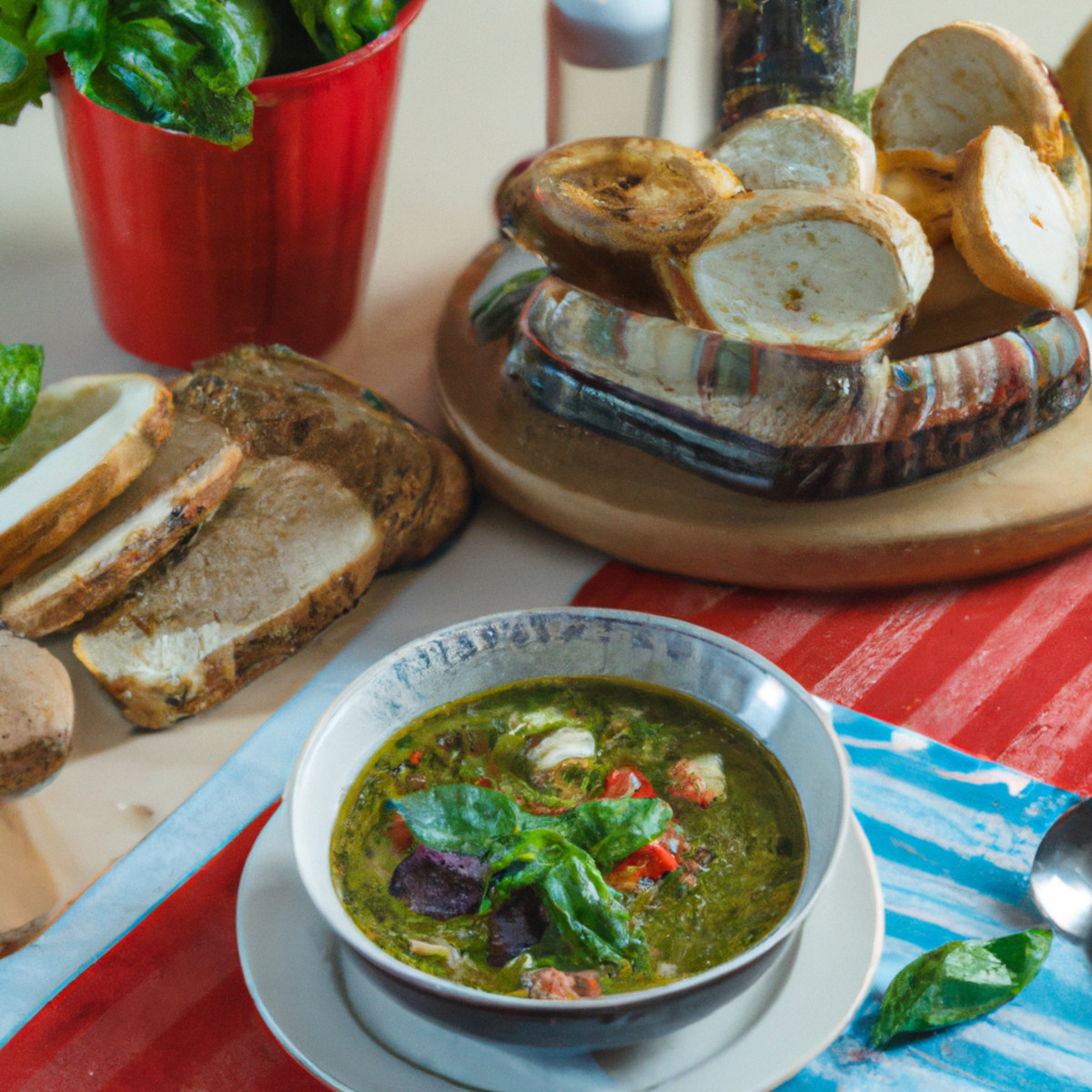 spring veggie soup with basil pesto